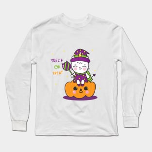 Cute Unicorn cat cartoon wear witch dress for halloween party Long Sleeve T-Shirt